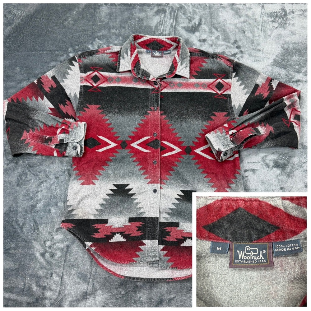 VTG Woolrich USA Aztec Southwestern Light Flannel Shirt Womens Medium Red Black